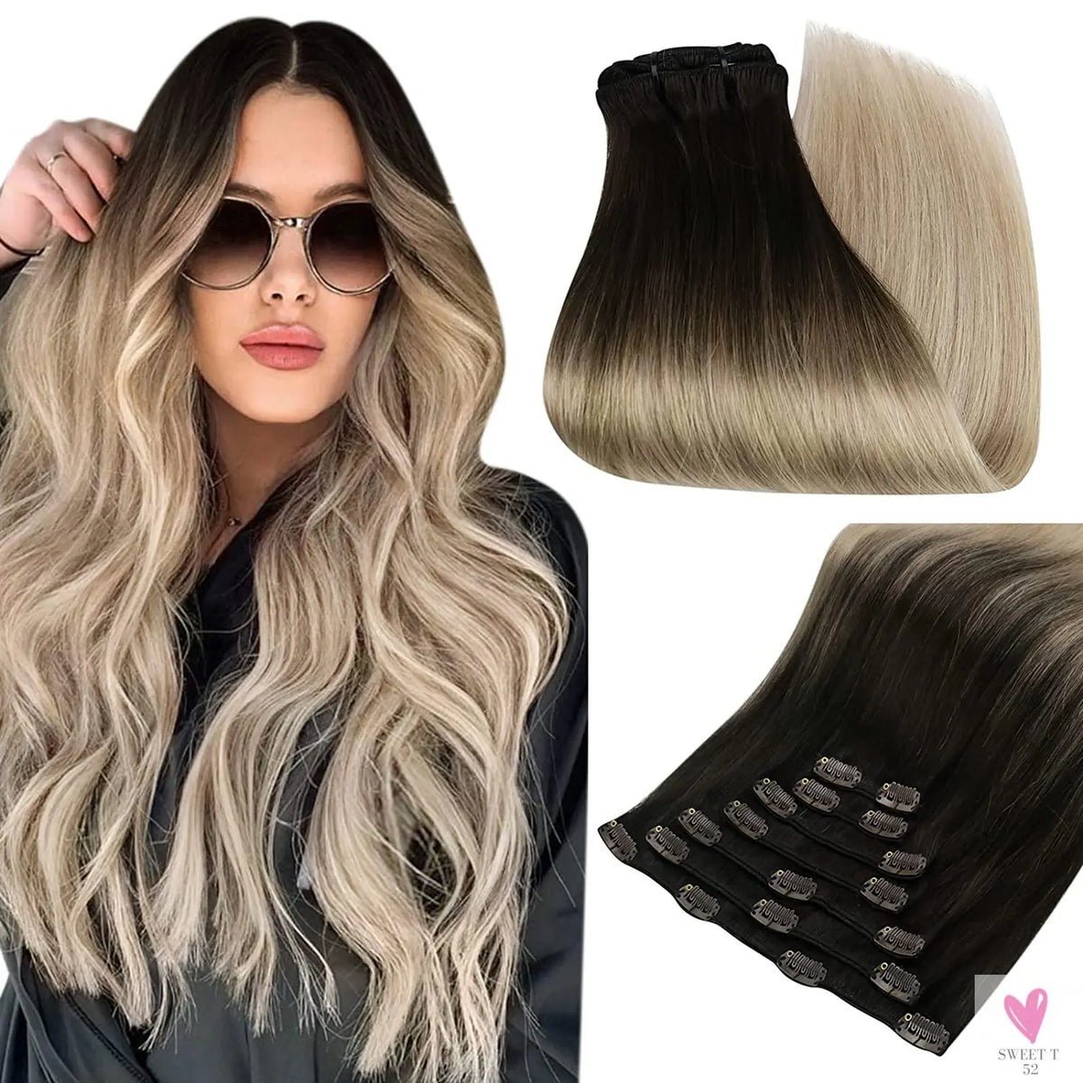 Clip-in Hair Extensions - Human Hair Clips Balayage (highlights) 7pcs, 120g, Double Weft Human Hair Extensions for Women and Girls, 12 Inches