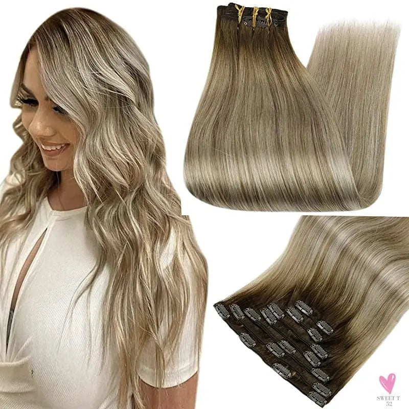 Clip-in Hair Extensions - Human Hair Clips Balayage (highlights) 7pcs, 120g, Double Weft Human Hair Extensions for Women and Girls, 12 Inches
