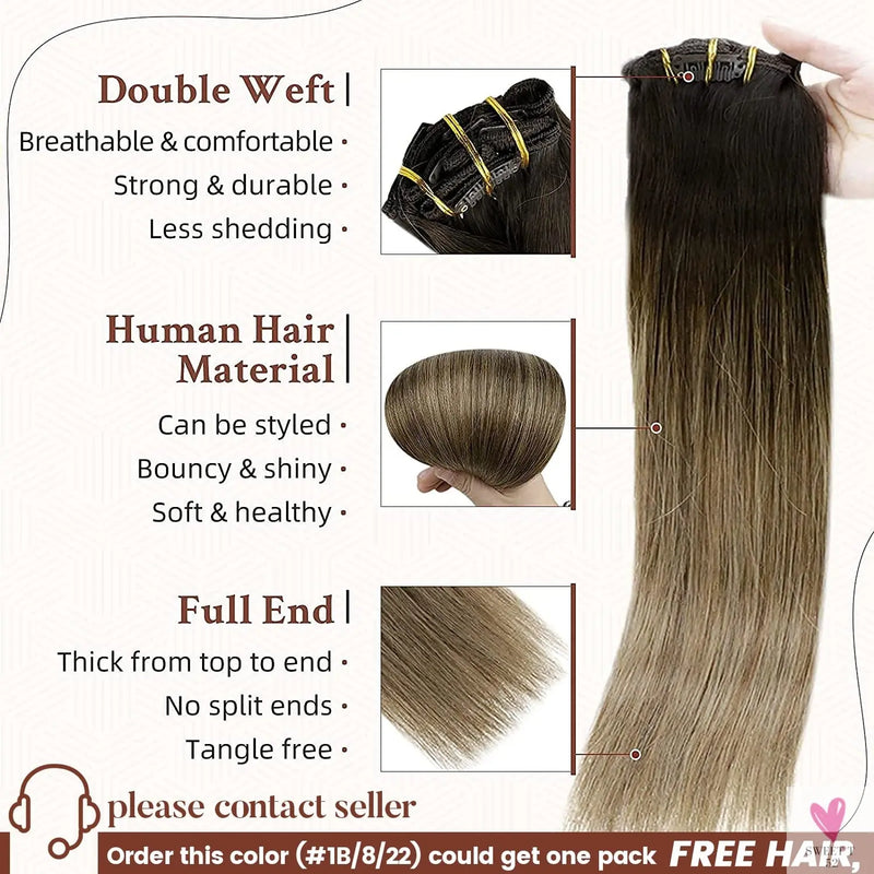 Clip-in Hair Extensions - Human Hair Clips Balayage (highlights) 7pcs, 120g, Double Weft Human Hair Extensions for Women and Girls, 12 Inches