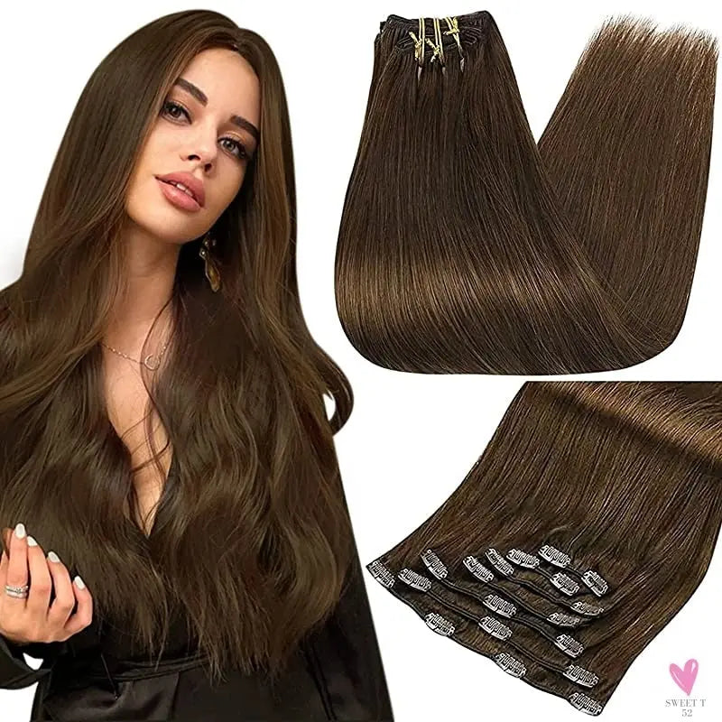 Clip-in Hair Extensions - Human Hair Clips Balayage (highlights) 7pcs, 120g, Double Weft Human Hair Extensions for Women and Girls, 18 Inches