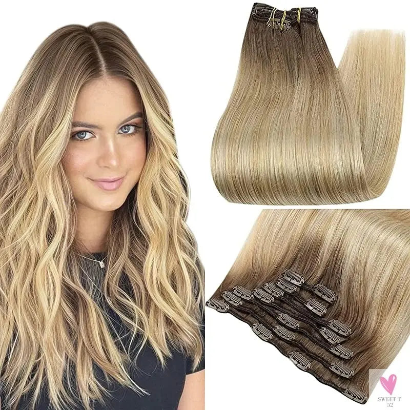 Clip-in Hair Extensions - Human Hair Clips Balayage(Highlights) 7pcs, 120g, Double Weft Human Hair Extensions for Women and Girls, 14 Inches