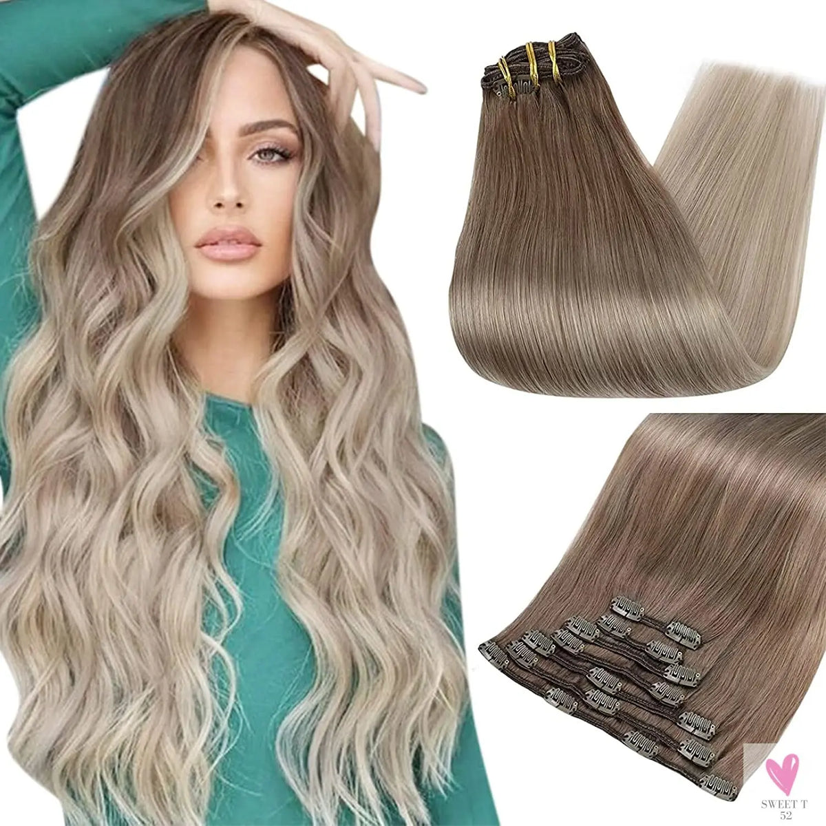 Clip-in Hair Extensions - Human Hair Clips Balayage(Highlights) 7pcs, 120g, Double Weft Human Hair Extensions for Women and Girls, 14 Inches