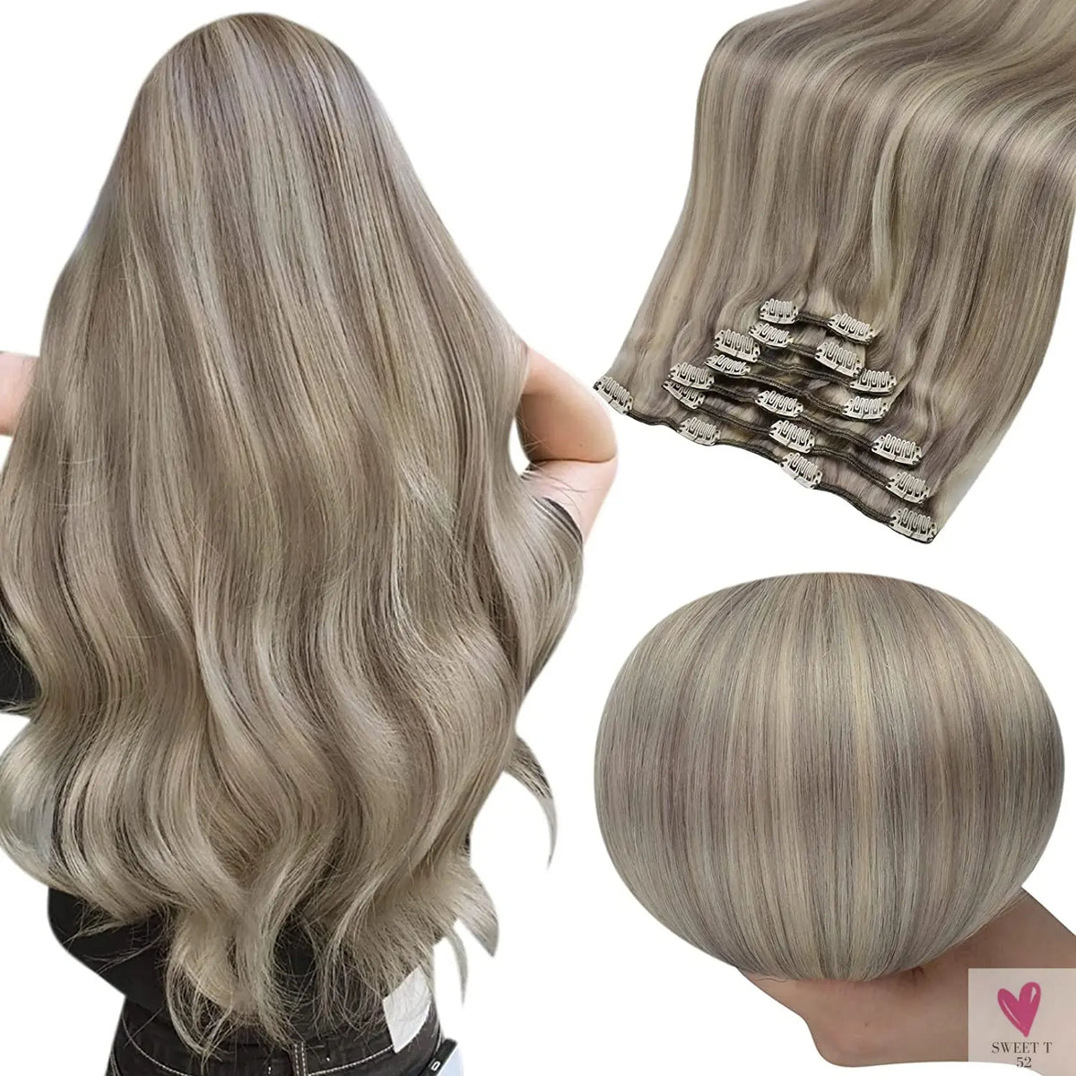 Clip-in Hair Extensions - Human Hair Clips Balayage(Highlights) 7pcs, 120g, Double Weft Human Hair Extensions for Women and Girls, 14 Inches