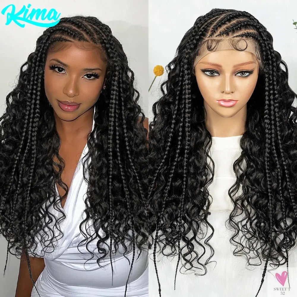Cornrow Synthetic Braided Wig - 13*6 Lace Front Wig, Knotless Box Braided Wig, Partition Design with Curly Hair for Women Sweet T 52