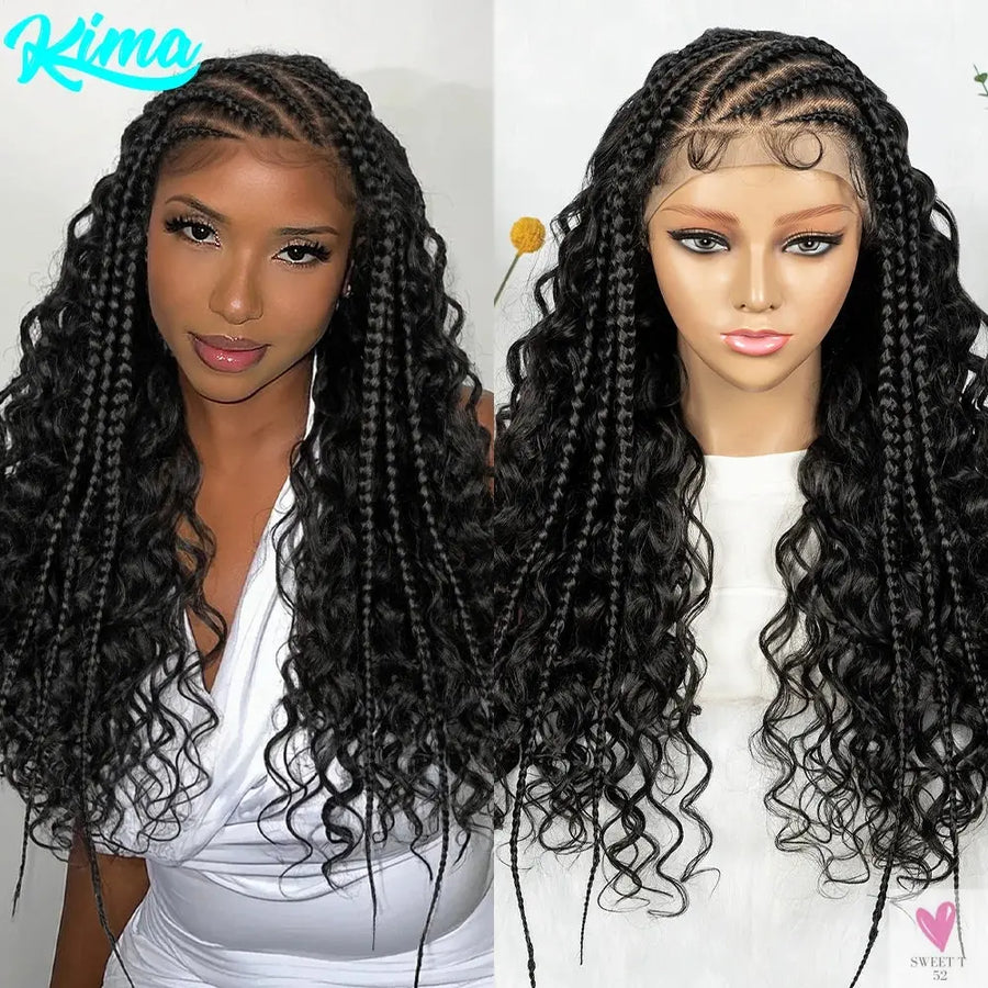 Cornrow Synthetic Braided Wig - 13*6 Lace Front Wig, Knotless Box Braided Wig, Partition Design with Curly Hair for Women Sweet T 52