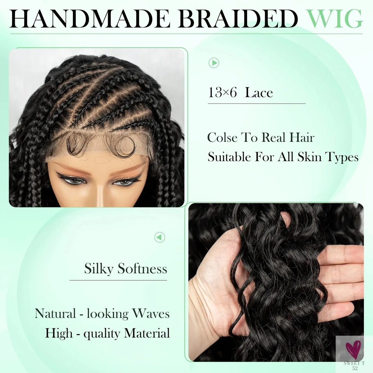 Cornrow Synthetic Braided Wig - 13*6 Lace Front Wig, Knotless Box Braided Wig, Partition Design with Curly Hair for Women Sweet T 52