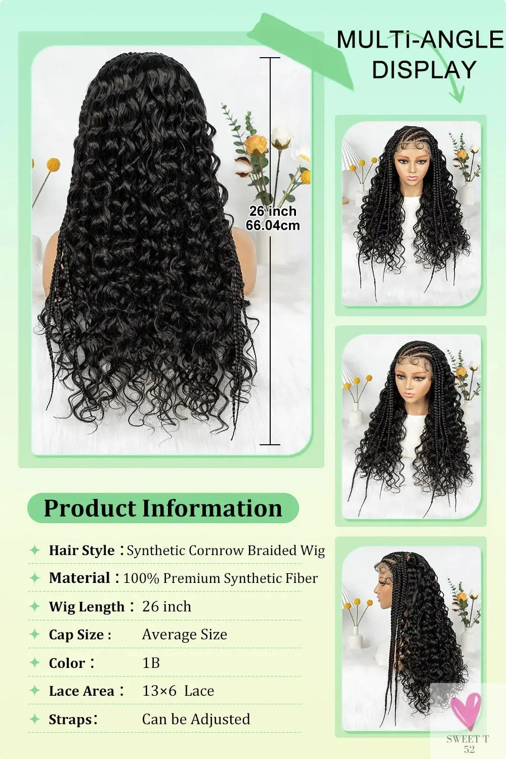 Cornrow Synthetic Braided Wig - 13*6 Lace Front Wig, Knotless Box Braided Wig, Partition Design with Curly Hair for Women Sweet T 52