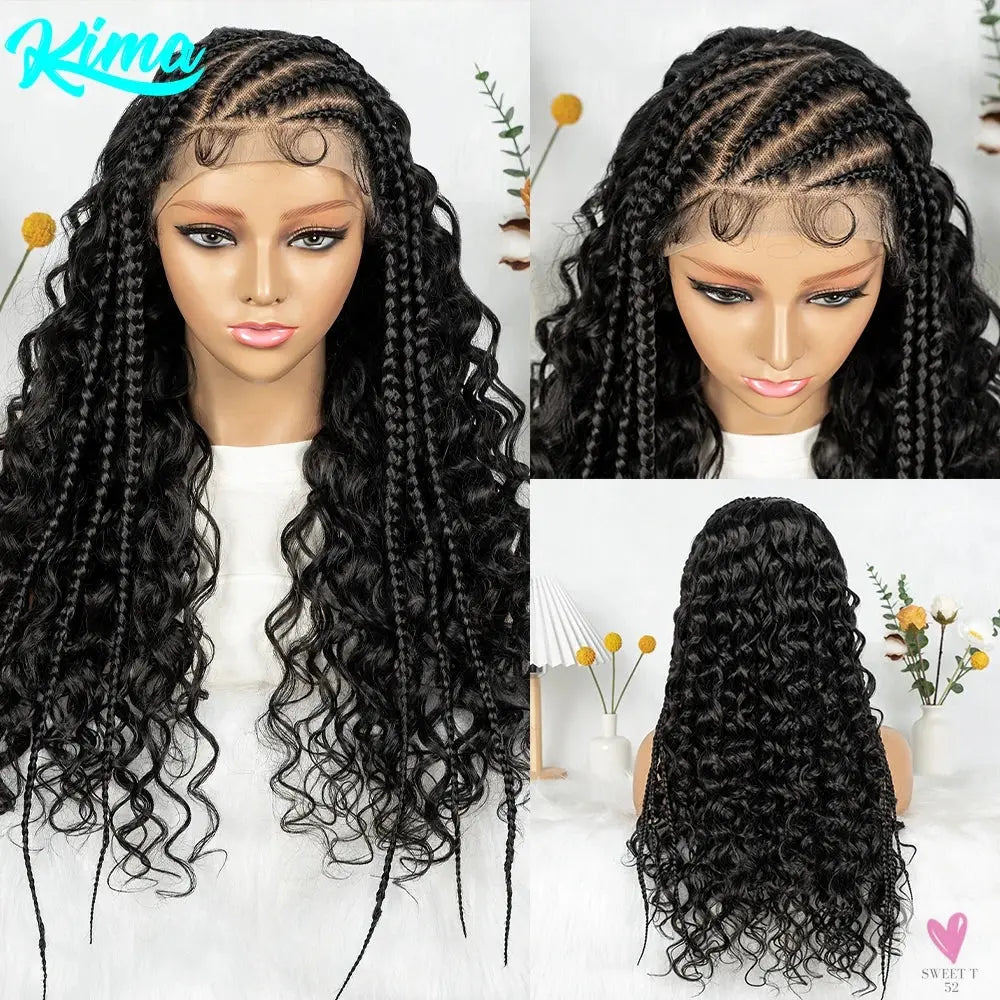 Cornrow Synthetic Braided Wig - 13*6 Lace Front Wig, Knotless Box Braided Wig, Partition Design with Curly Hair for Women Sweet T 52