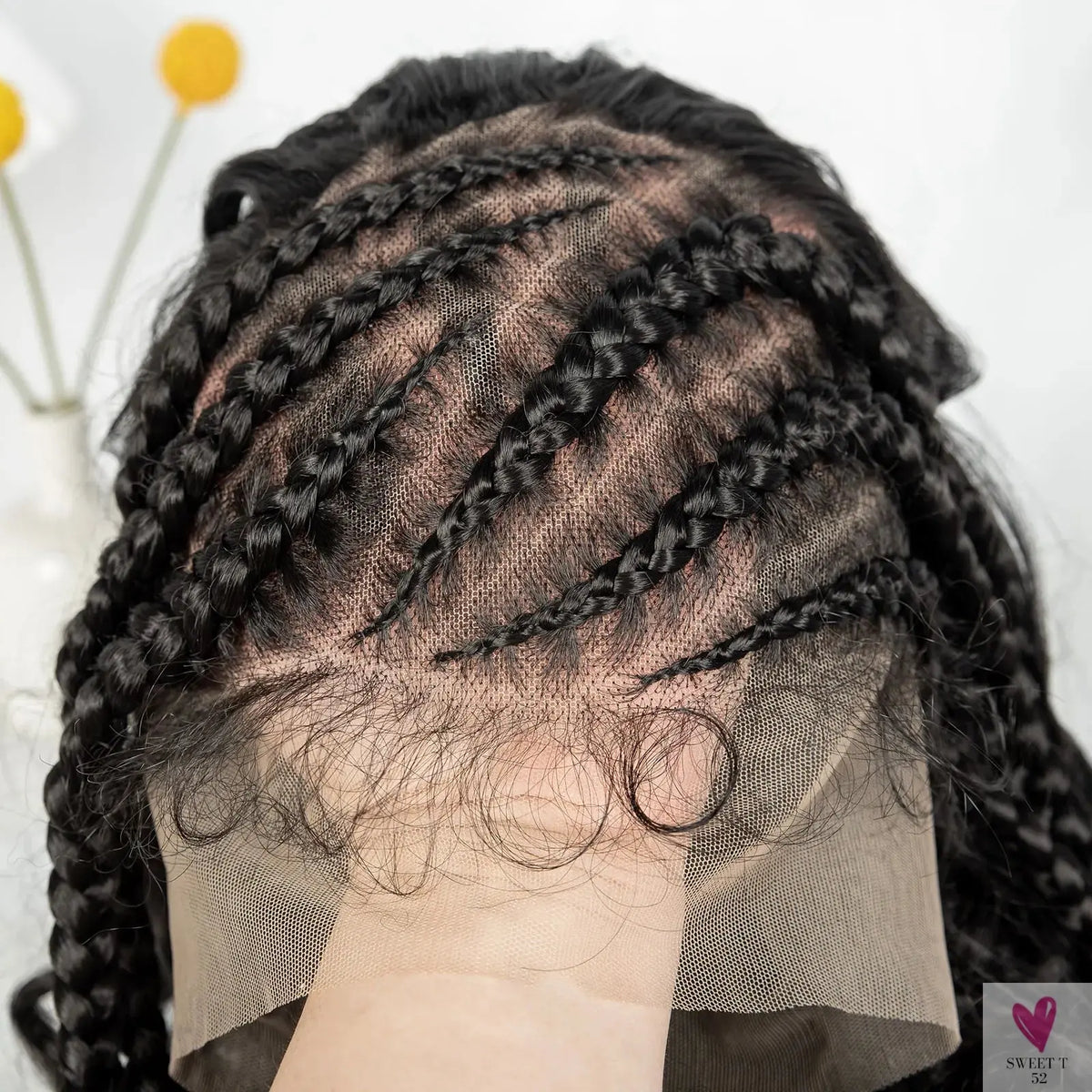 Cornrow Synthetic Braided Wig - 13*6 Lace Front Wig, Knotless Box Braided Wig, Partition Design with Curly Hair for Women Sweet T 52
