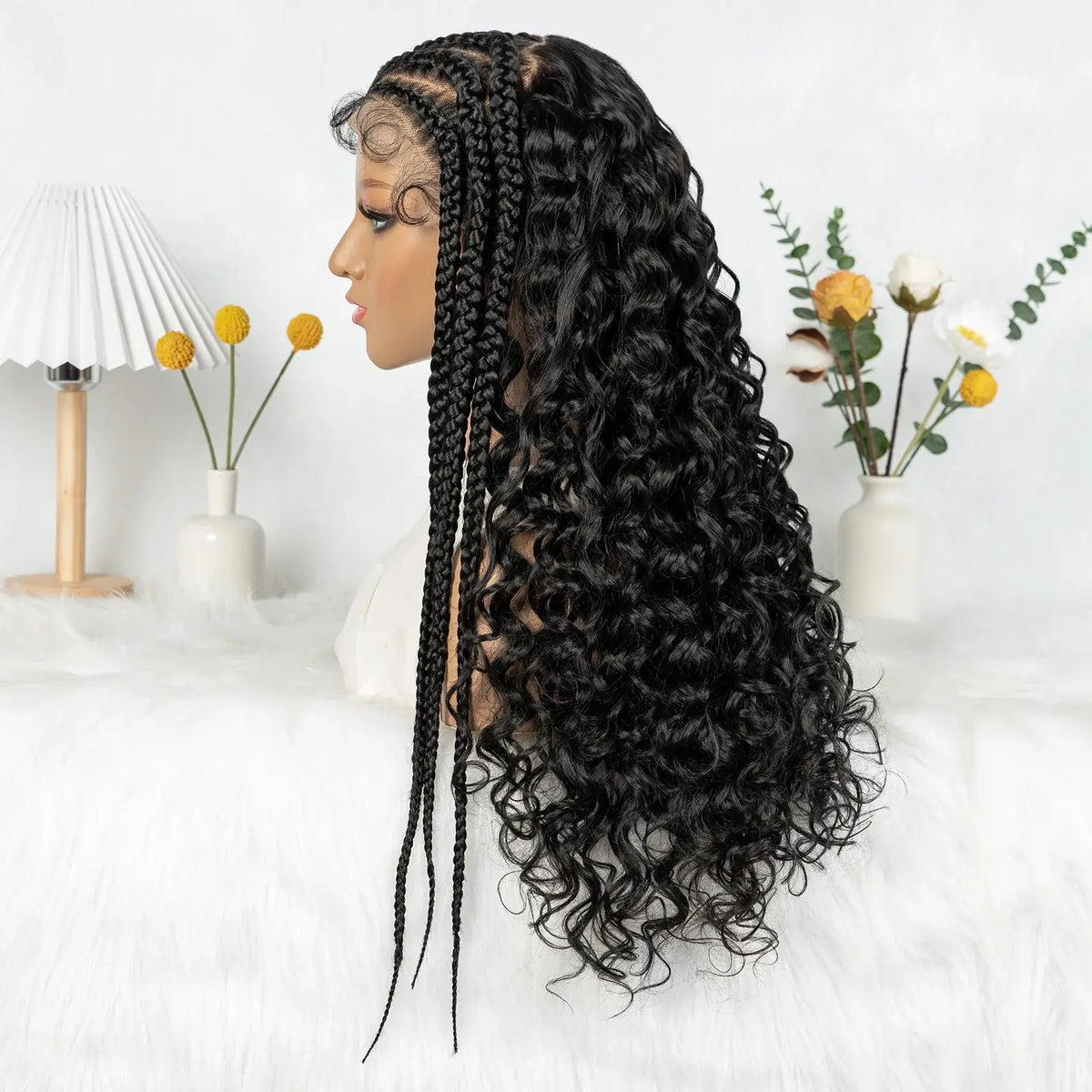 Cornrow Synthetic Braided Wig - 13*6 Lace Front Wig, Knotless Box Braided Wig, Partition Design with Curly Hair for Women Sweet T 52