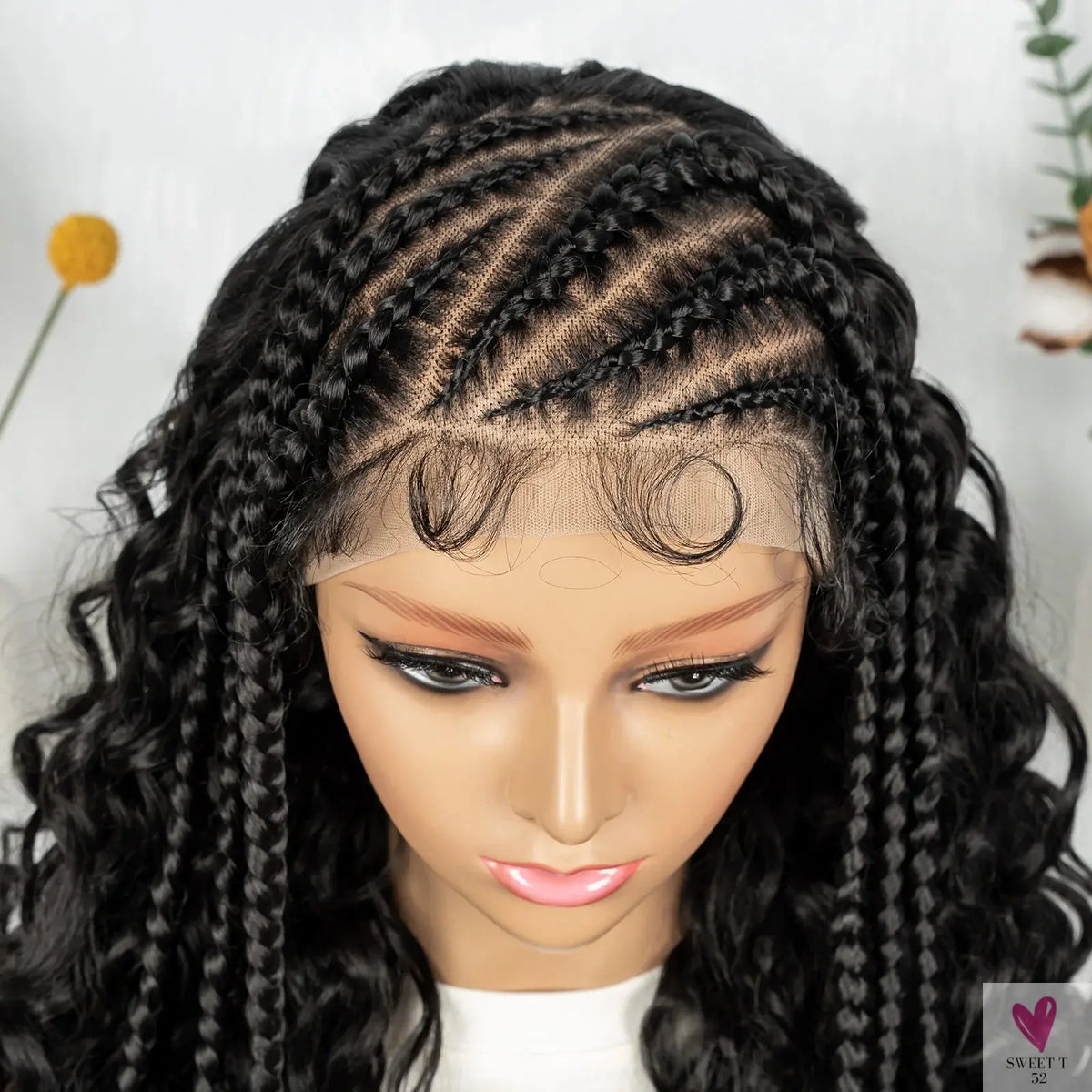 Cornrow Synthetic Braided Wig - 13*6 Lace Front Wig, Knotless Box Braided Wig, Partition Design with Curly Hair for Women Sweet T 52