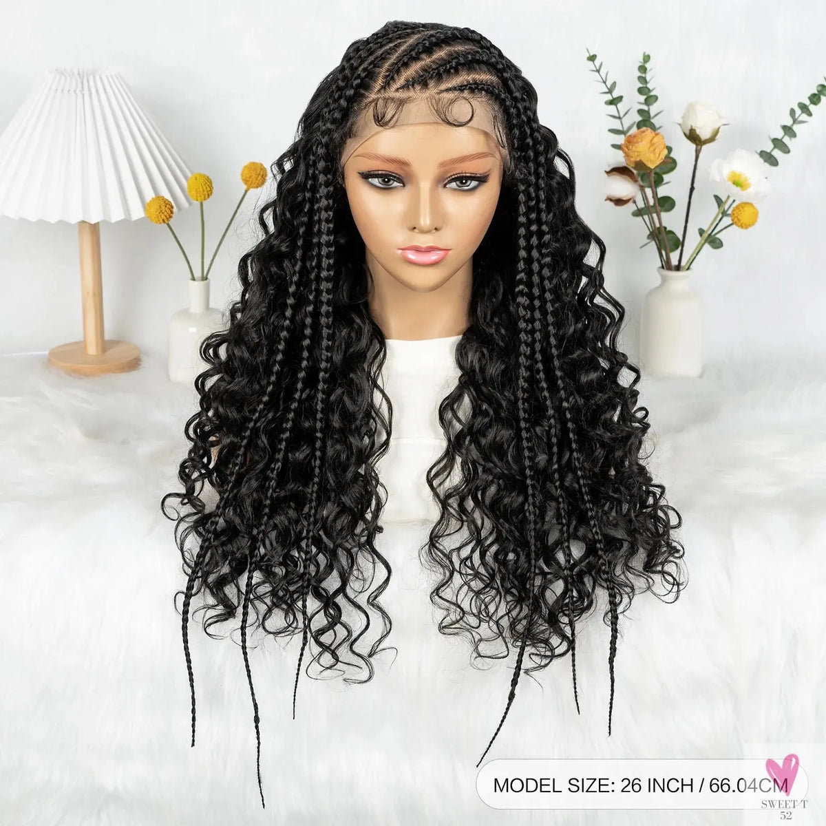 Cornrow Synthetic Braided Wig - 13*6 Lace Front Wig, Knotless Box Braided Wig, Partition Design with Curly Hair for Women Sweet T 52