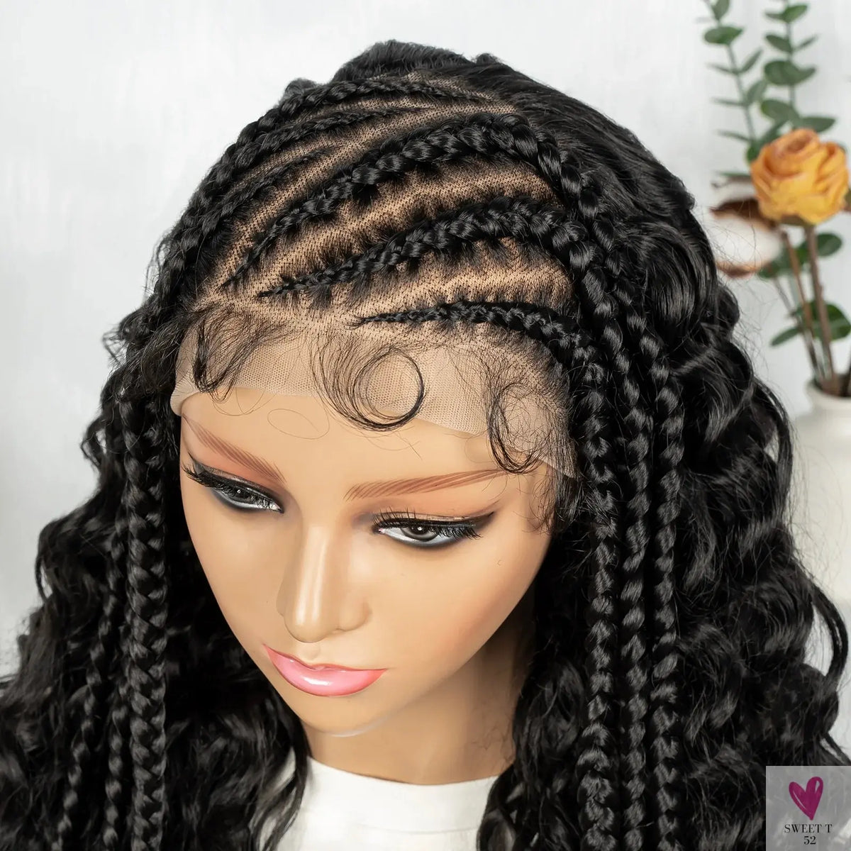 Cornrow Synthetic Braided Wig - 13*6 Lace Front Wig, Knotless Box Braided Wig, Partition Design with Curly Hair for Women Sweet T 52