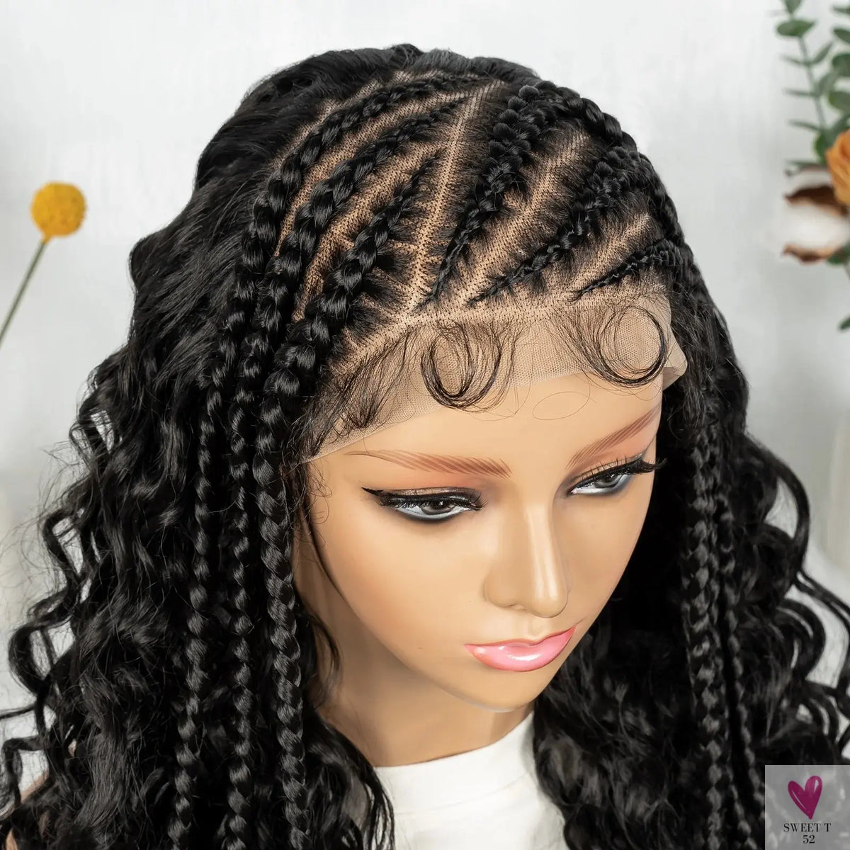 Cornrow Synthetic Braided Wig - 13*6 Lace Front Wig, Knotless Box Braided Wig, Partition Design with Curly Hair for Women Sweet T 52