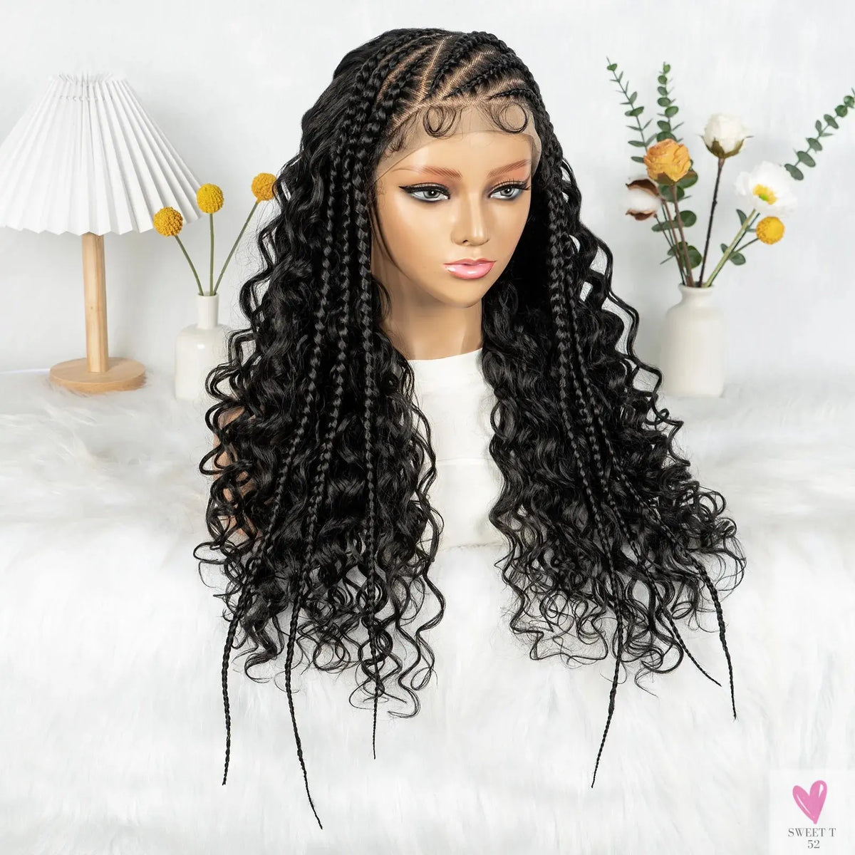 Cornrow Synthetic Braided Wig - 13*6 Lace Front Wig, Knotless Box Braided Wig, Partition Design with Curly Hair for Women Sweet T 52