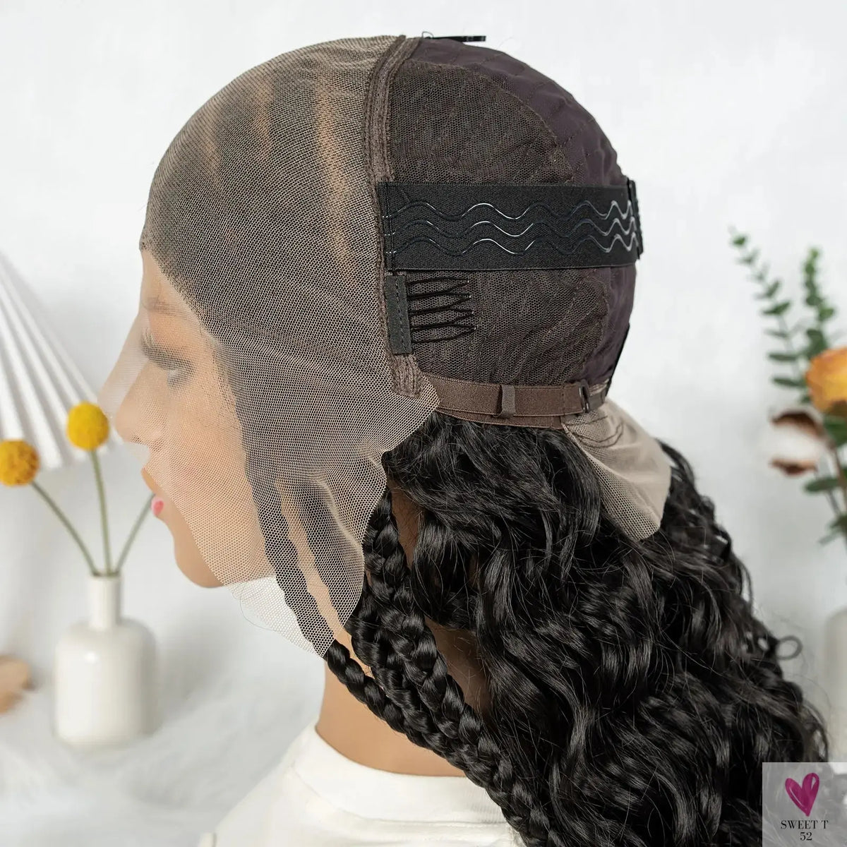 Cornrow Synthetic Braided Wig - 13*6 Lace Front Wig, Knotless Box Braided Wig, Partition Design with Curly Hair for Women Sweet T 52
