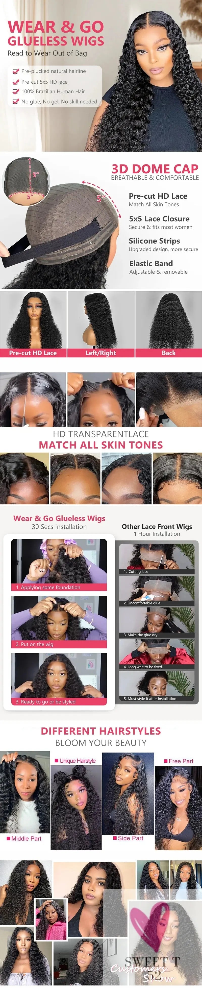 Deep Wave Glueless Wigs Human Hair Ready to Wear Curly Wigs Lace Front Wigs Wear And Go Pre Plucked Pre Cut Lace Closure Wigs Sweet T 52