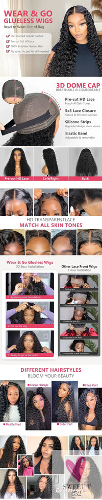 Deep Wave Glueless Wigs Human Hair Ready to Wear Curly Wigs Lace Front Wigs Wear And Go Pre Plucked Pre Cut Lace Closure Wigs Sweet T 52