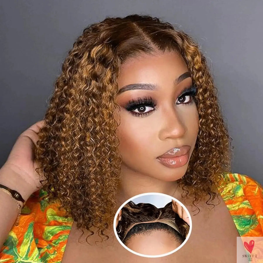 Deep Wave Honey Blonde Glueless Bob Wigs Human Hair Pre Plucked Pre Cut Highlight Wear and Go Curly Wigs Ombre HD Lace Front Wig Sweet T 52