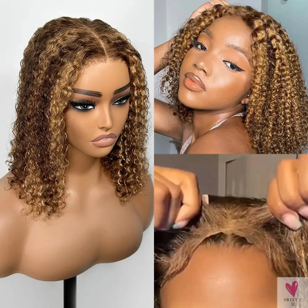 Deep Wave Honey Blonde Glueless Bob Wigs Human Hair Pre Plucked Pre Cut Highlight Wear and Go Curly Wigs Ombre HD Lace Front Wig Sweet T 52