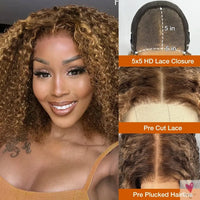 Deep Wave Honey Blonde Glueless Bob Wigs Human Hair Pre Plucked Pre Cut Highlight Wear and Go Curly Wigs Ombre HD Lace Front Wig Sweet T 52