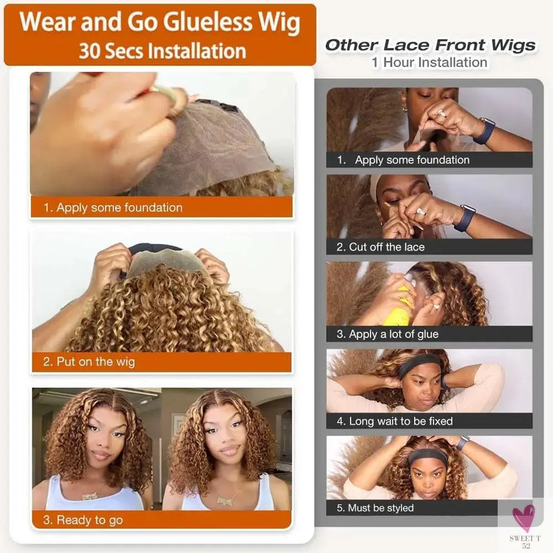 Deep Wave Honey Blonde Glueless Bob Wigs Human Hair Pre Plucked Pre Cut Highlight Wear and Go Curly Wigs Ombre HD Lace Front Wig Sweet T 52