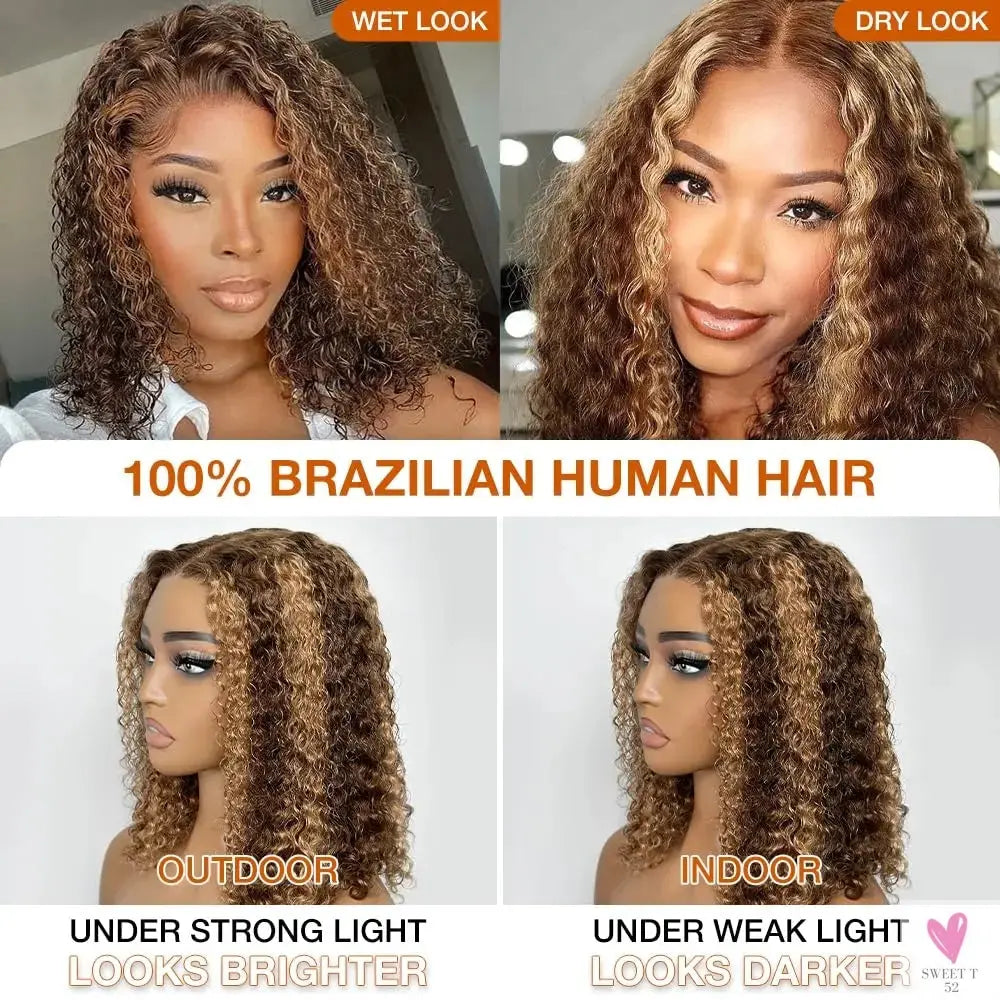 Deep Wave Honey Blonde Glueless Bob Wigs Human Hair Pre Plucked Pre Cut Highlight Wear and Go Curly Wigs Ombre HD Lace Front Wig Sweet T 52