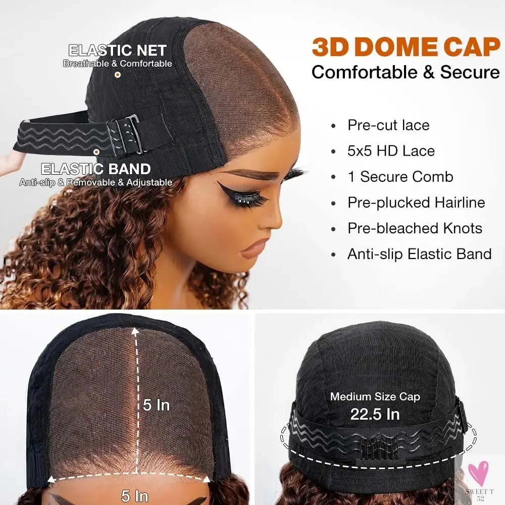 Deep Wave Honey Blonde Glueless Bob Wigs Human Hair Pre Plucked Pre Cut Highlight Wear and Go Curly Wigs Ombre HD Lace Front Wig Sweet T 52