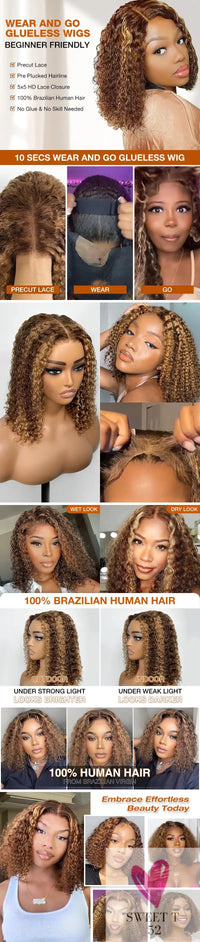 Deep Wave Honey Blonde Glueless Bob Wigs Human Hair Pre Plucked Pre Cut Highlight Wear and Go Curly Wigs Ombre HD Lace Front Wig Sweet T 52