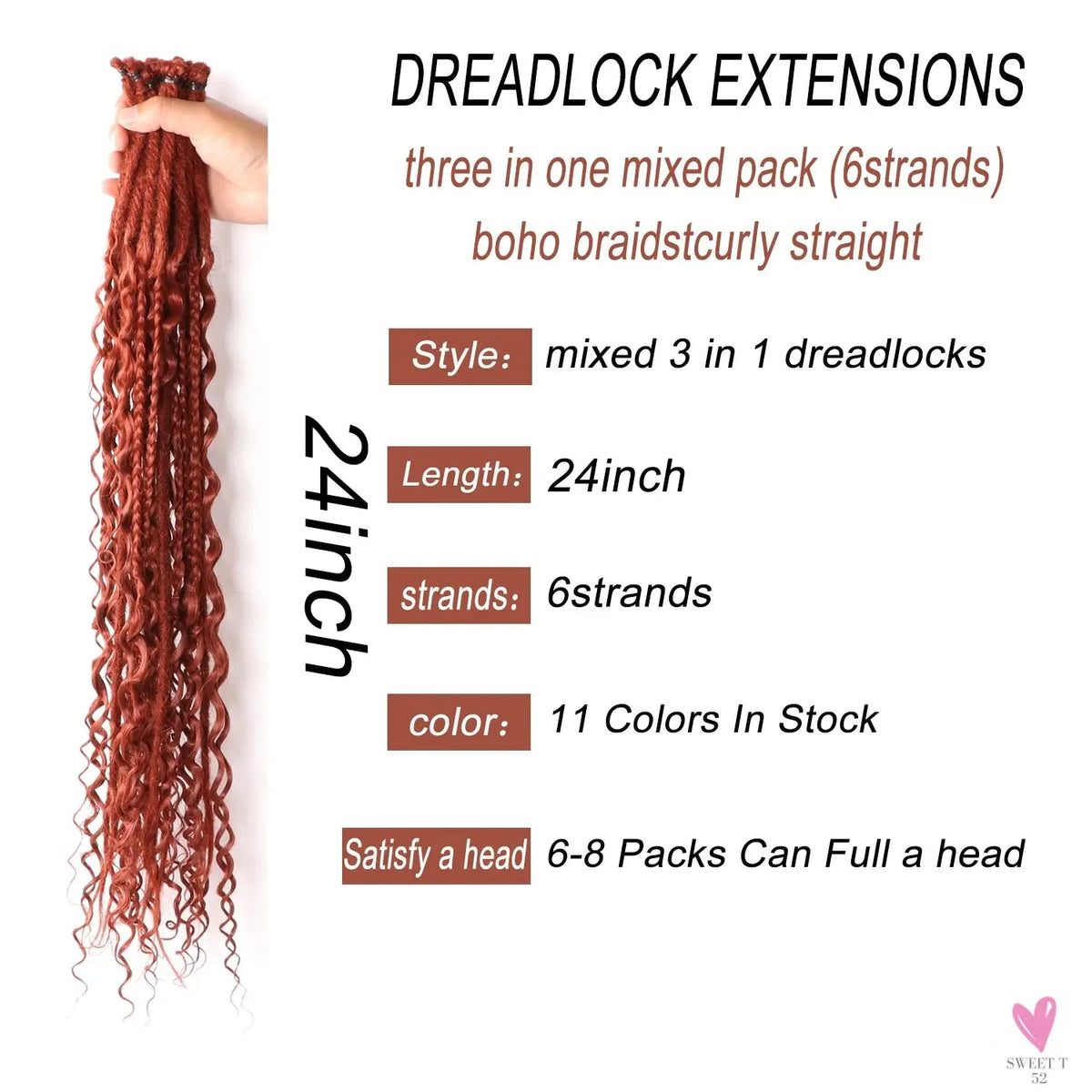 Dreadlock Extensions 24 Inches, 3 in 1 Mixed DE Dreads, Synthetic Curly Ends Hip-Hop/Hippie/Boho Style, Handmade Braids-hair accessories-SWEET T 52