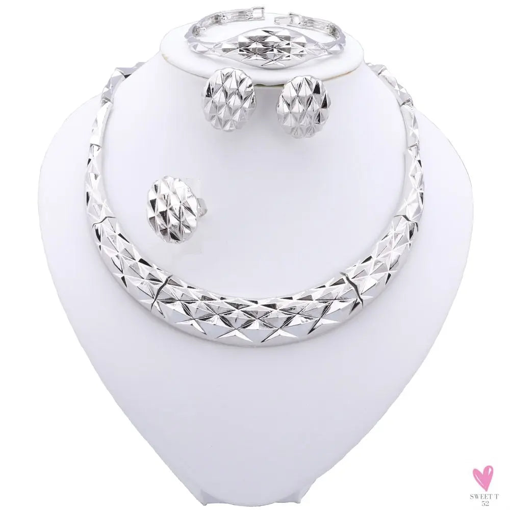 Dubai Women's Jewelry Sets, Silver Plated Necklace, Bracelet, Earrings and Ring Set. African Bridal Wedding, Gifts