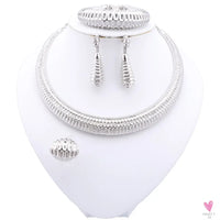 Dubai Women's Jewelry Sets, Silver Plated Necklace, Bracelet, Earrings and Ring Set. African Bridal Wedding, Gifts
