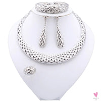 Dubai Women's Jewelry Sets, Silver Plated Necklace, Bracelet, Earrings and Ring Set. African Bridal Wedding, Gifts
