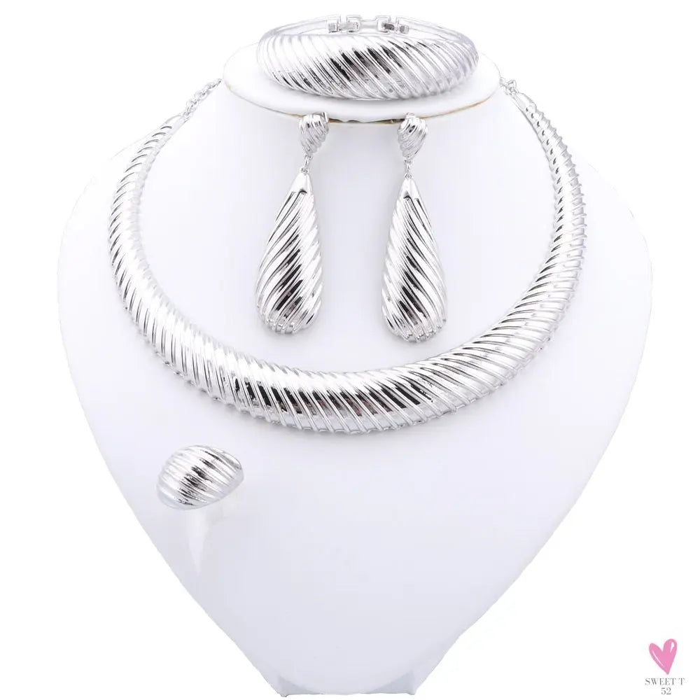 Dubai Women's Jewelry Sets, Silver Plated Necklace, Bracelet, Earrings and Ring Set. African Bridal Wedding, Gifts