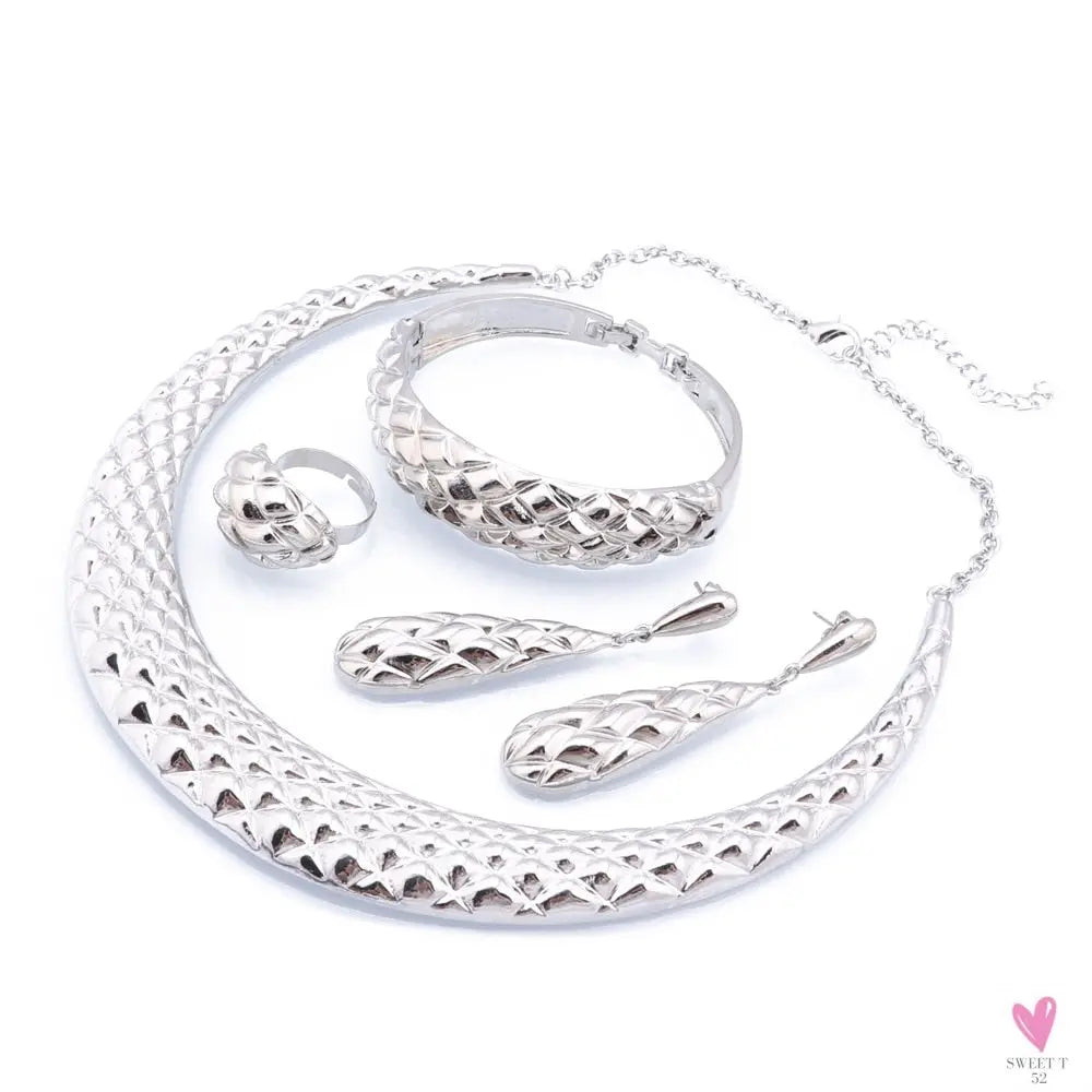 Dubai Women's Jewelry Sets, Silver Plated Necklace, Bracelet, Earrings and Ring Set. African Bridal Wedding, Gifts