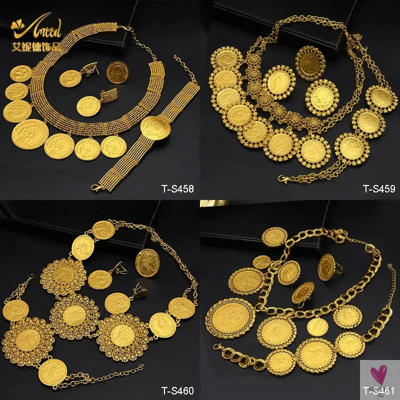 Ethiopian 24K Gold Color Coins Jewelry Set - African/Hawaiian Luxury Necklace, Bracelet, Pendant Set, Dubai Wedding Gifts Sweet T 52