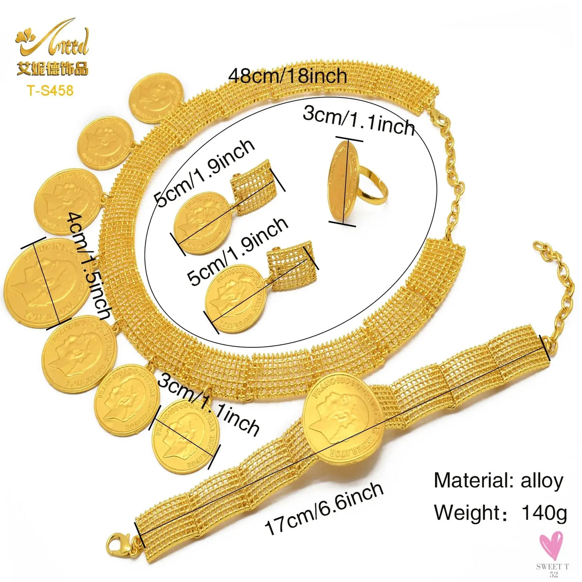 Ethiopian 24K Gold Color Coins Jewelry Set - African/Hawaiian Luxury Necklace, Bracelet, Pendant Set, Dubai Wedding Gifts Sweet T 52
