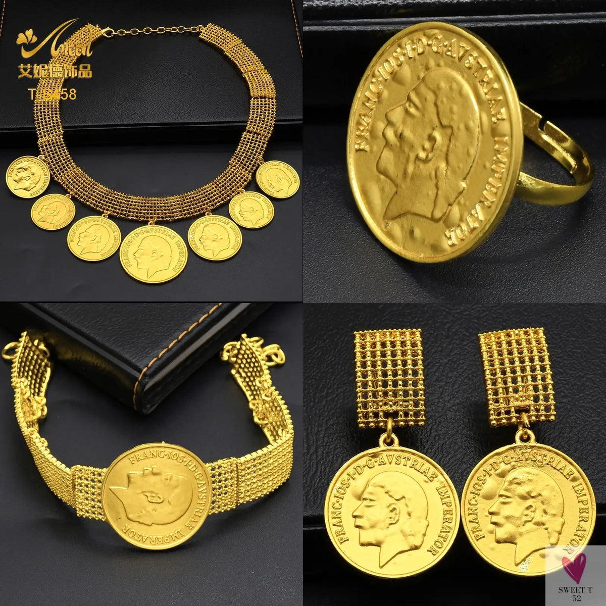 Ethiopian 24K Gold Color Coins Jewelry Set - African/Hawaiian Luxury Necklace, Bracelet, Pendant Set, Dubai Wedding Gifts Sweet T 52
