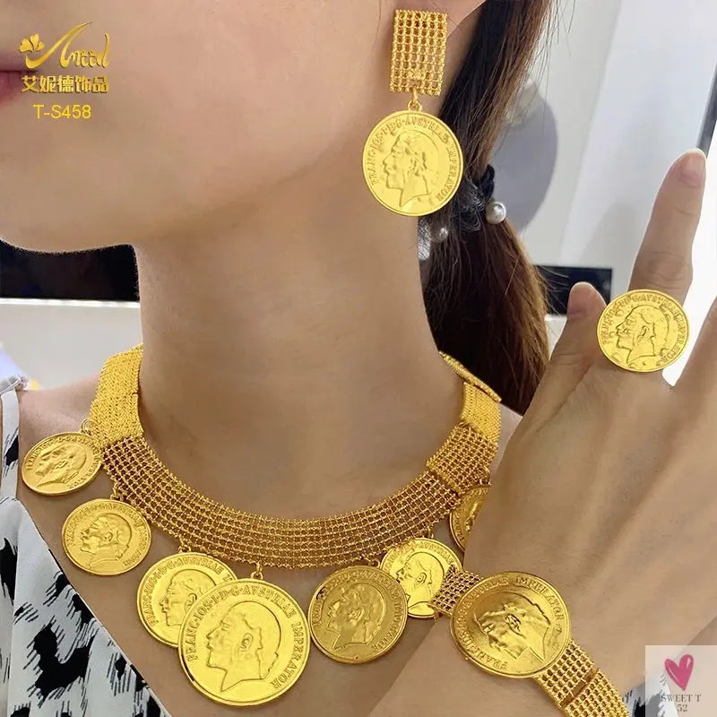 Ethiopian 24K Gold Color Coins Jewelry Set - African/Hawaiian Luxury Necklace, Bracelet, Pendant Set, Dubai Wedding Gifts Sweet T 52