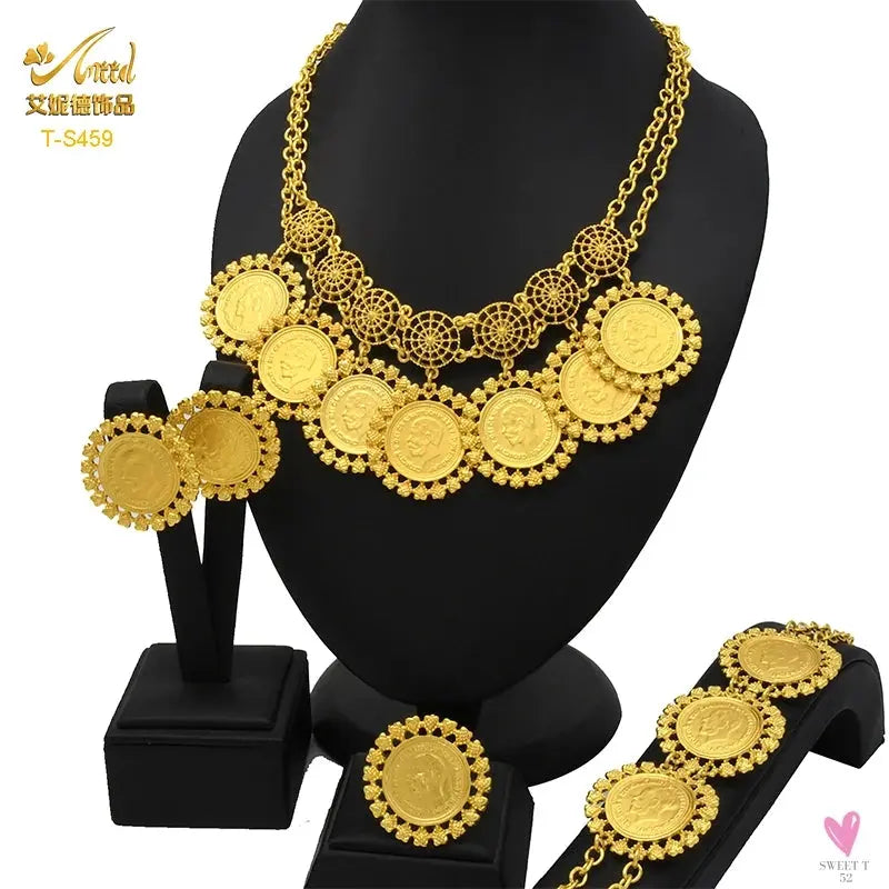 Ethiopian 24K Gold Color Coins Jewelry Set - African/Hawaiian Luxury Necklace, Bracelet, Pendant Set, Dubai Wedding Gifts Sweet T 52