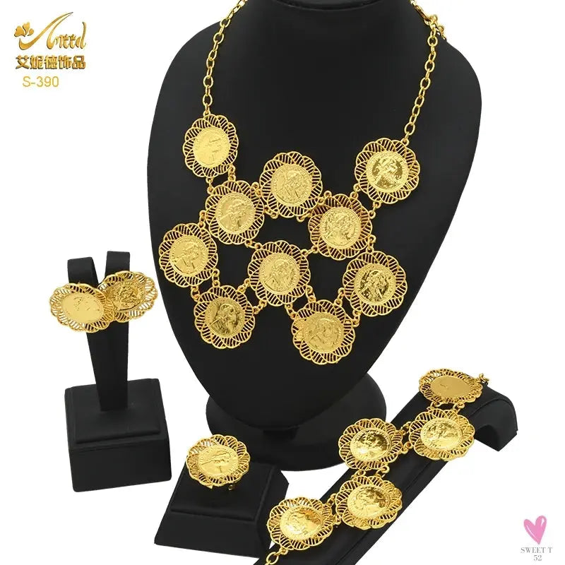 Ethiopian 24K Gold Color Coins Jewelry Set - African/Hawaiian Luxury Necklace, Bracelet, Pendant Set, Dubai Wedding Gifts Sweet T 52
