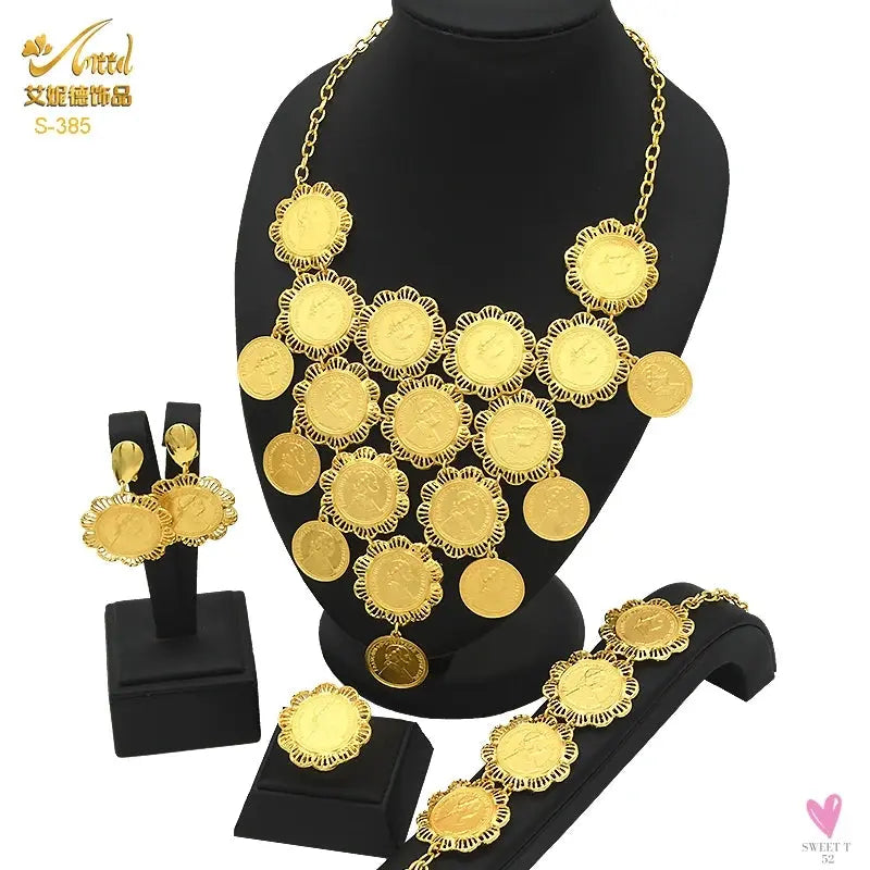 Ethiopian 24K Gold Color Coins Jewelry Set - African/Hawaiian Luxury Necklace, Bracelet, Pendant Set, Dubai Wedding Gifts Sweet T 52