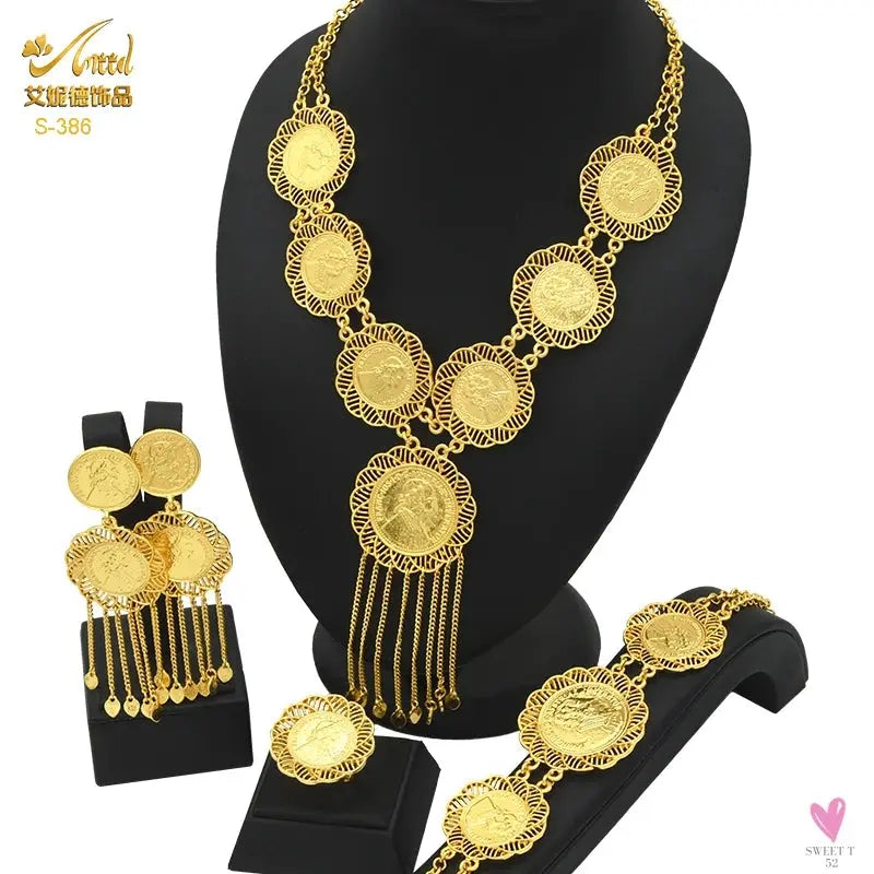 Ethiopian 24K Gold Color Coins Jewelry Set - African/Hawaiian Luxury Necklace, Bracelet, Pendant Set, Dubai Wedding Gifts Sweet T 52