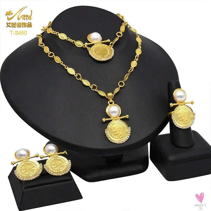 Ethiopian 24K Gold Color Coins Jewelry Set - African/Hawaiian Luxury Necklace, Bracelet, Pendant Set, Dubai Wedding Gifts Sweet T 52