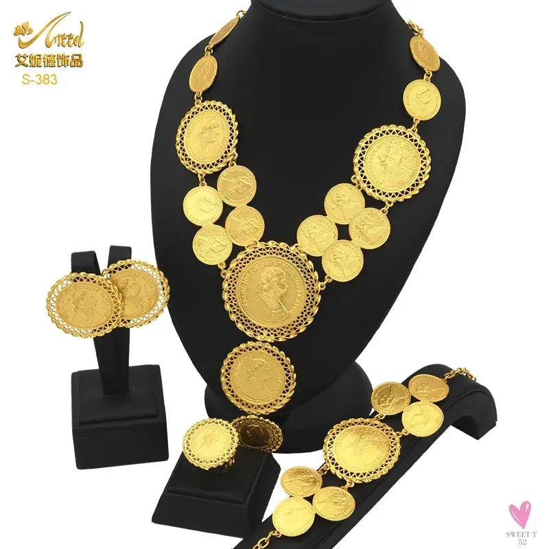 Ethiopian 24K Gold Color Coins Jewelry Set - African/Hawaiian Luxury Necklace, Bracelet, Pendant Set, Dubai Wedding Gifts Sweet T 52