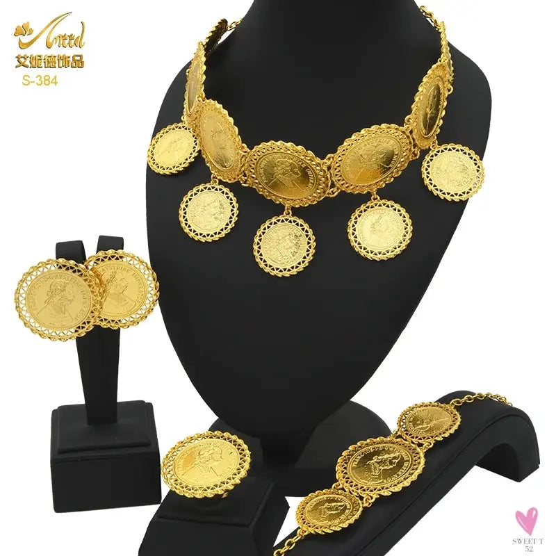 Ethiopian 24K Gold Color Coins Jewelry Set - African/Hawaiian Luxury Necklace, Bracelet, Pendant Set, Dubai Wedding Gifts Sweet T 52