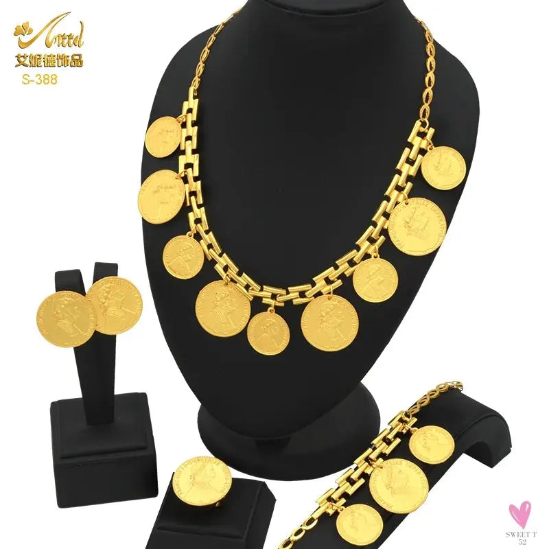 Ethiopian 24K Gold Color Coins Jewelry Set - African/Hawaiian Luxury Necklace, Bracelet, Pendant Set, Dubai Wedding Gifts Sweet T 52