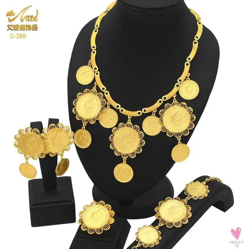 Ethiopian 24K Gold Color Coins Jewelry Set - African/Hawaiian Luxury Necklace, Bracelet, Pendant Set, Dubai Wedding Gifts Sweet T 52