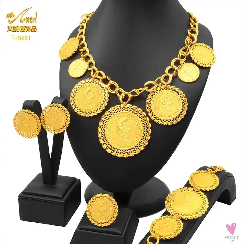 Ethiopian 24K Gold Color Coins Jewelry Set - African/Hawaiian Luxury Necklace, Bracelet, Pendant Set, Dubai Wedding Gifts Sweet T 52