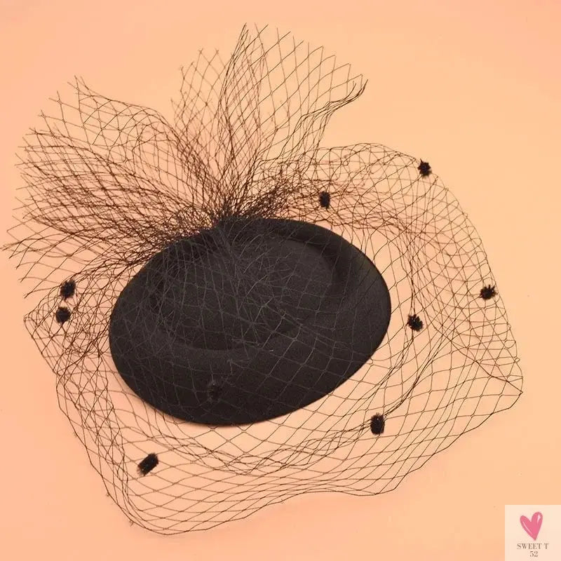 Fascinator Hat - Black Veil Small Hat/Hair Accessory, Retro, Woolen Material for Women. Dinner Party Headwear Sweet T 52